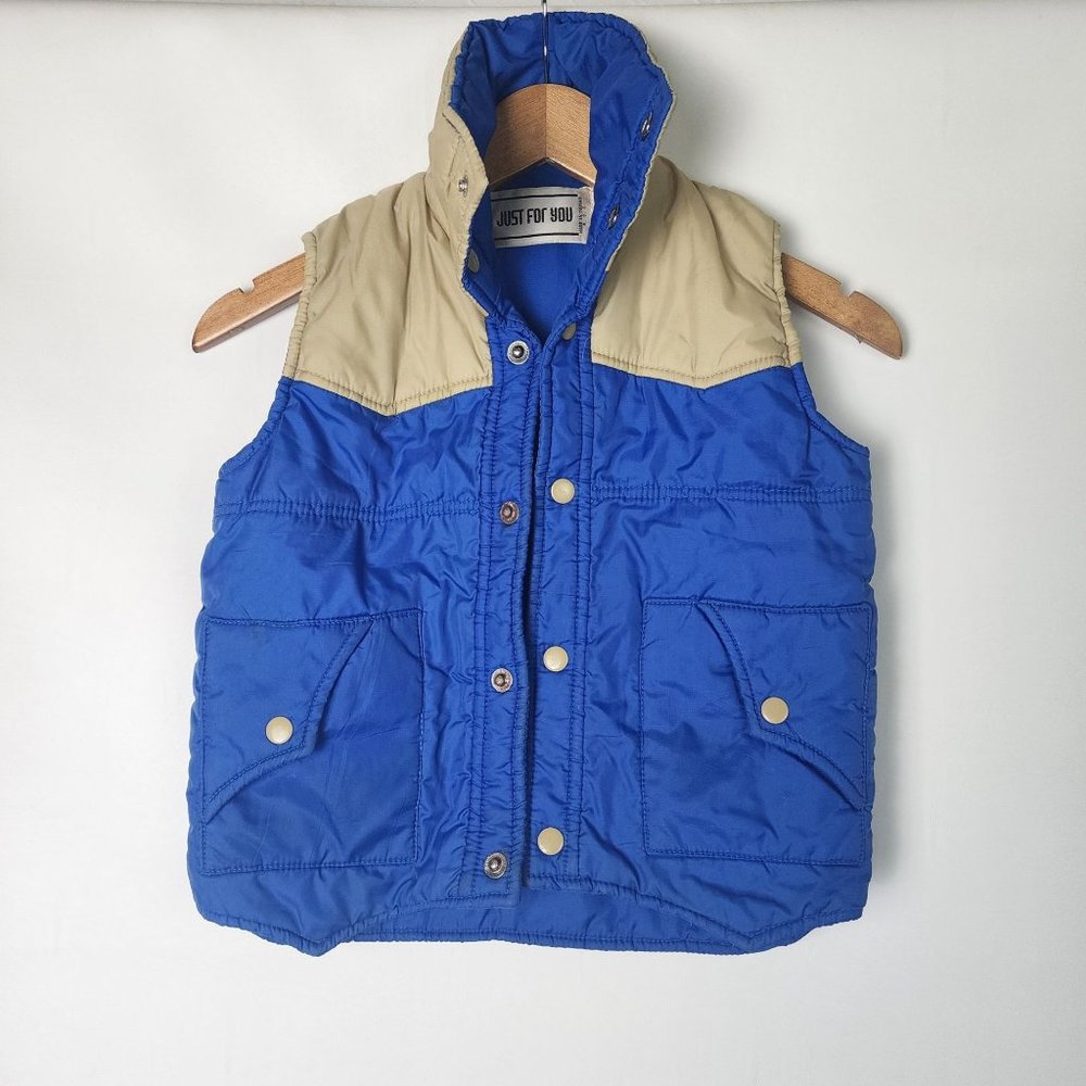 Vintage Just For You Surf Style Puff Vest Kids Blue Tan Button Up Pockets Size 7